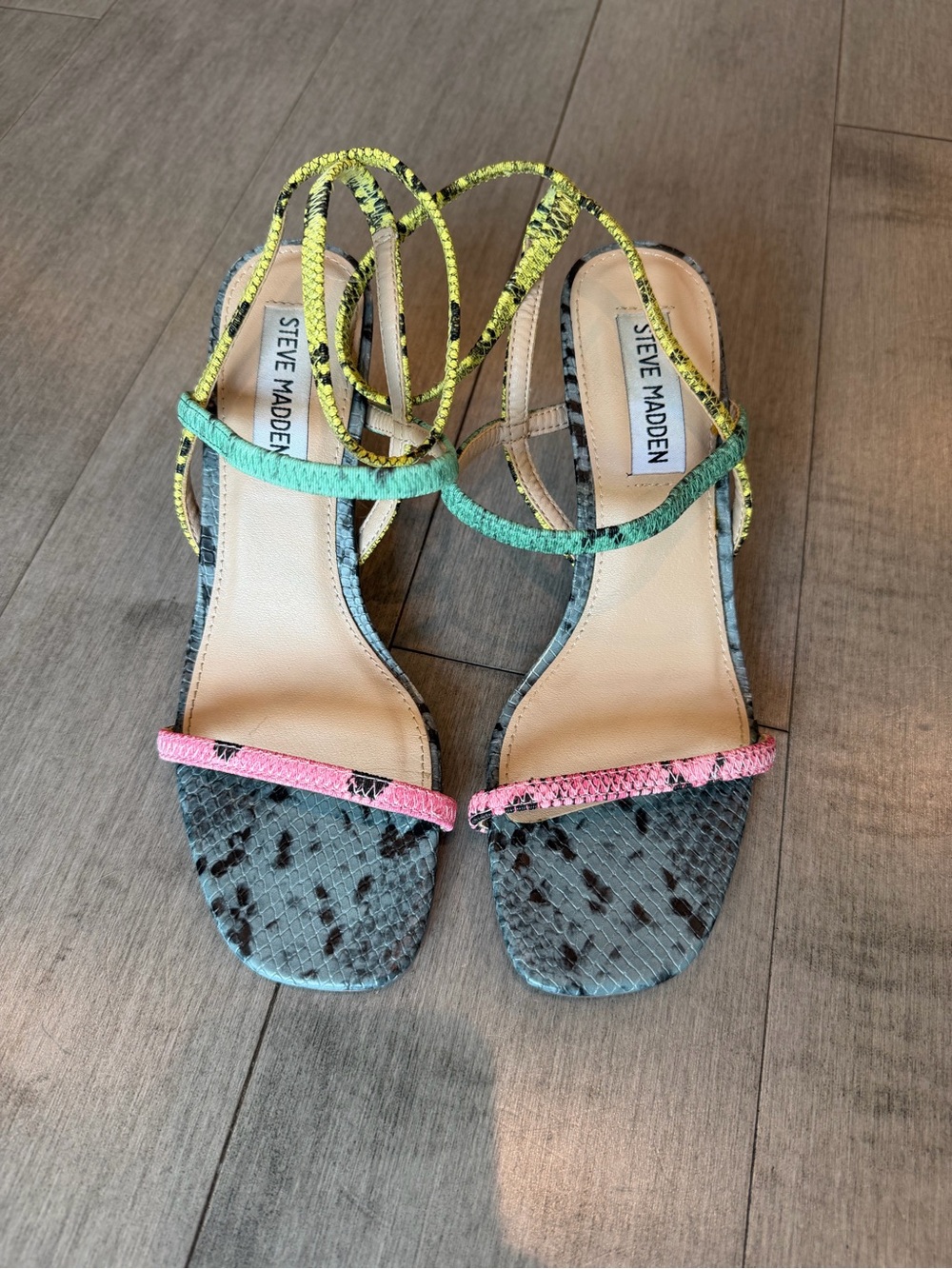 Steve Madden Pink, Mint & Yellow Strappy Snake-Print Heels